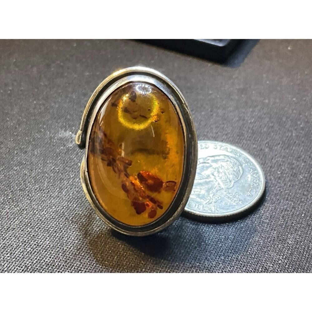 Size 8 Tested 925 Silver Ring With Large Amber Stone